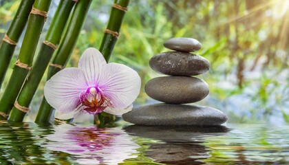 a stack or pyramid of stones bamboo and an orchid in the water balancing pebble stone concept of relaxation equilibrium
