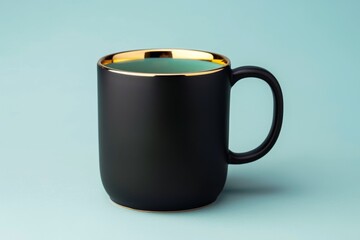 black ceramic mug with a gold rim, sitting on a solid blue background.
