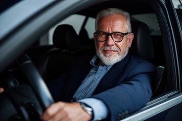 man driving a car, portrait of elegant senior business man, sitting in car seat, with car steering wheel in hands, isolated on studio background,