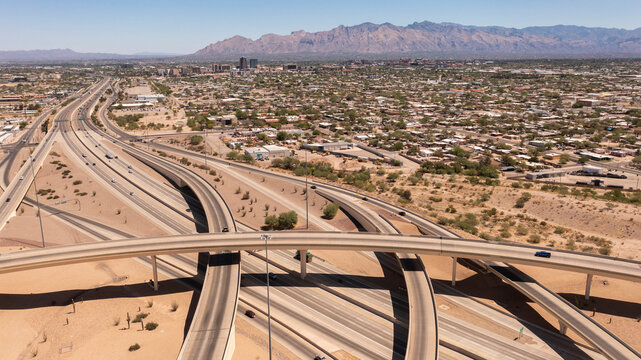 Daytime aerial view of the 10 and 19 freeway interchange in south Tucson, Arizona, USA.
