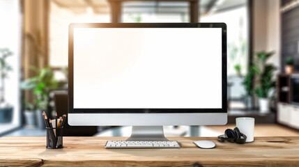 Tabletop workspace with desktop computer white screen