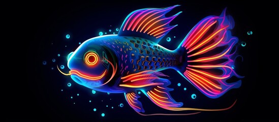 vector illustration of cute neon fish portrait with bright and bright colors in isolation with dark colors - obrazy, fototapety, plakaty