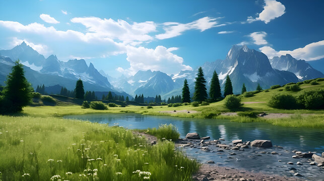 Mountain landscape with lake and forest in the foreground. 3d render