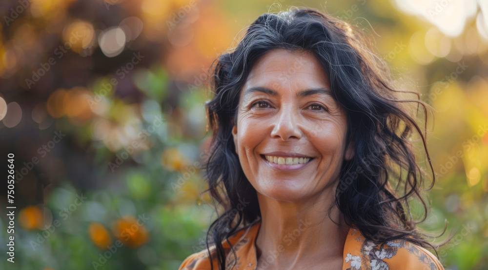 Wall mural mature, woman and portrait of a female laughing in a park for peace, contentment and vitality. happy