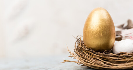 Easter banner golden egg in bird nest copy space