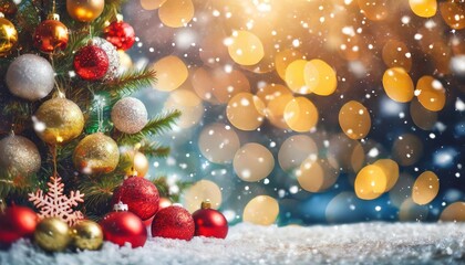 Obraz na płótnie Canvas christmas bokeh lights with decorated festive christmas background christmas new year scene winter design