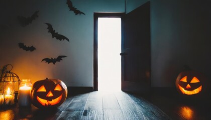 halloween themed room with an open door in darkness silhouette concept