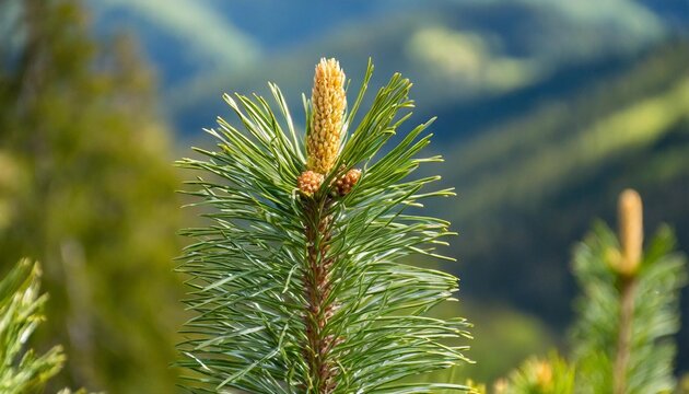 pinus mugo turra mountain pine blackhorn pine dwarf mountain pine variety in natural habitat young twisted shoot on a blurred background