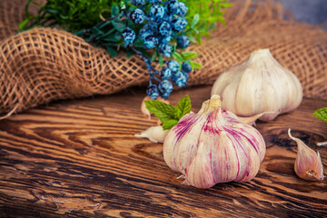 A head of garlic in a rustic arrangement - 750527050