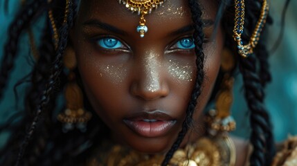Fototapeta na wymiar portrait of a woman, black model with braids looking beautiful in gold jewelry, blue eyes, in the style of brown and azure