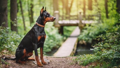 dog sitting in forest and looking at the bridge in fairy land portrait of a doberman on a forest trail - obrazy, fototapety, plakaty