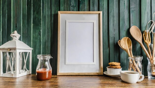 mock up poster frame in kitchen interior and accessories with dark green wooden slatted wall background