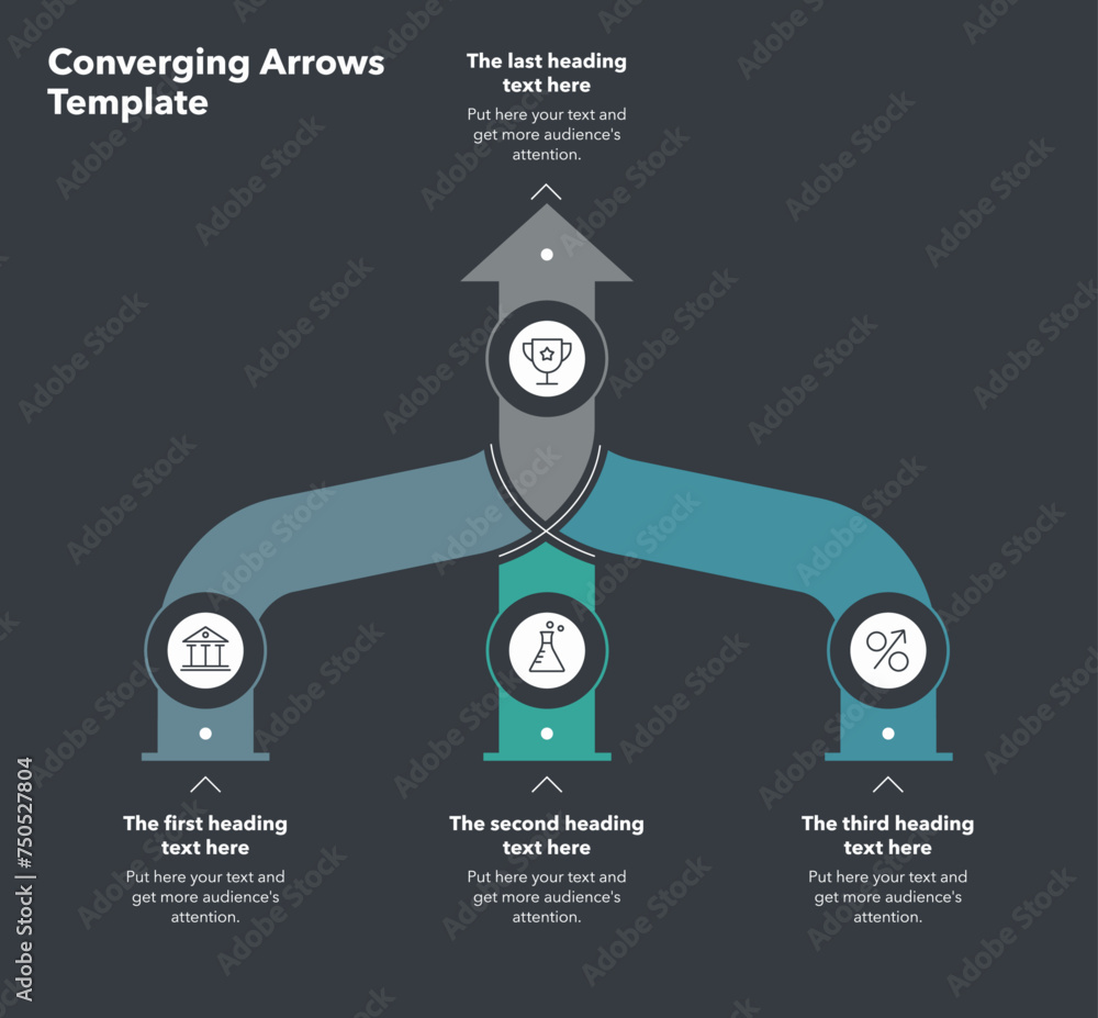 Aufkleber Vertical template for converging arrows with three levels - dark version. Flat infographic design for website or data presentation.