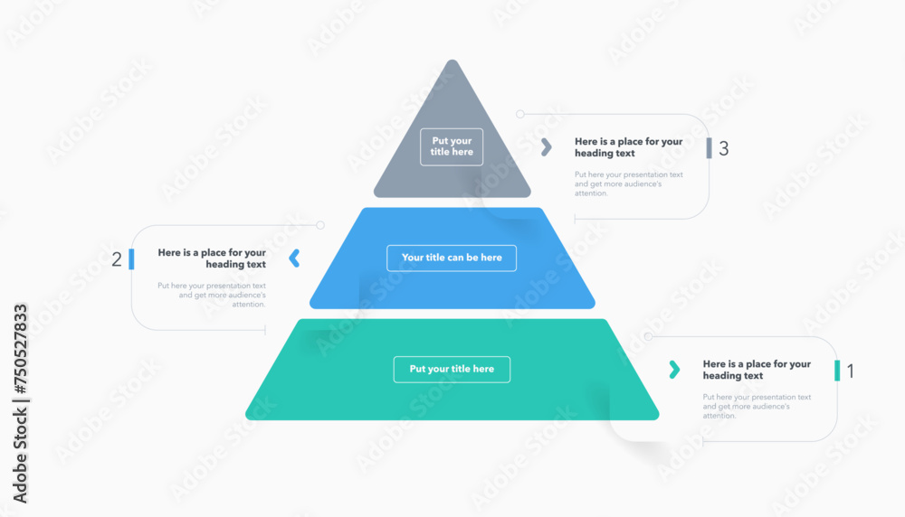 Fototapete triangle pyramid chart template with three colorful steps. infographic diagram divided into three op