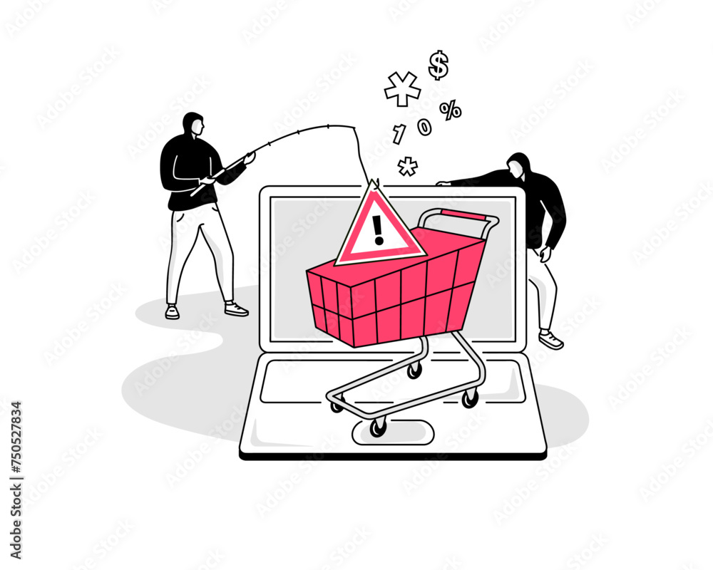Poster online shopping fraud symbol with a laptop computer and a fake shopping cart. flat design, easy to u