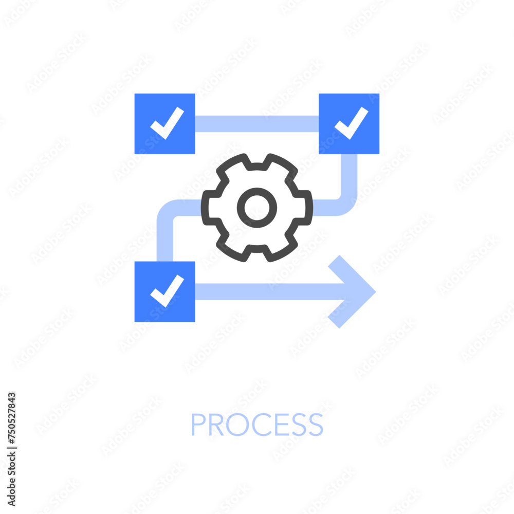 Poster Simple visualised process icon symbol with a cogwheel and workflow process line.