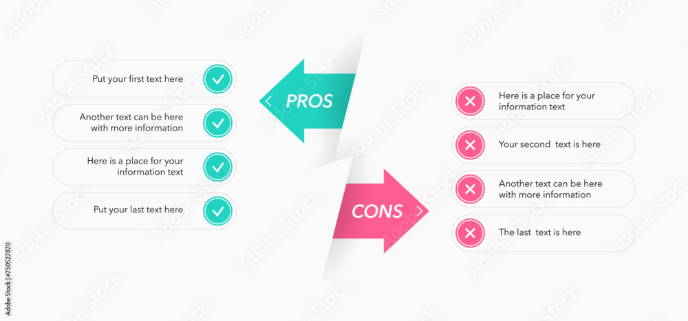 Poster modern pros and cons diagram with place for your content. simple flat template for positive and nega
