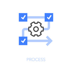 Simple visualised process icon symbol with a cogwheel and workflow process line.