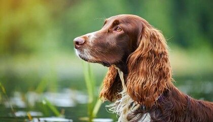 hunting dog in the pond hunts portrait of an english setter in the summer on the nature