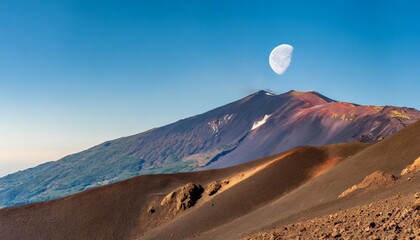 moon above the crater of mount etna a martian landscape on the earth sicily italy europe