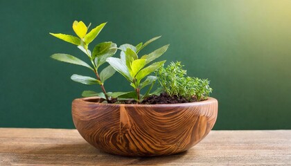 plant in a flowerpot wooden bowl on a green background with plants