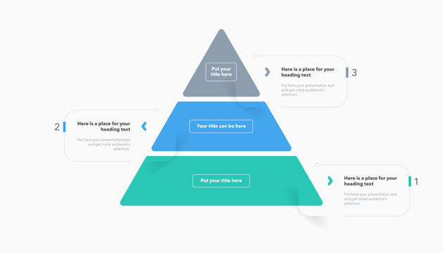 Triangle pyramid chart template with three colorful steps. Infographic diagram divided into three options with numbers.