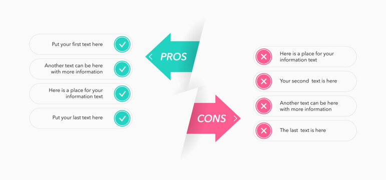 Modern pros and cons diagram with place for your content. Simple flat template for positive and negative comparison.