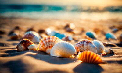 shells on the beach against the backdrop of the sea. Selective focus. - obrazy, fototapety, plakaty