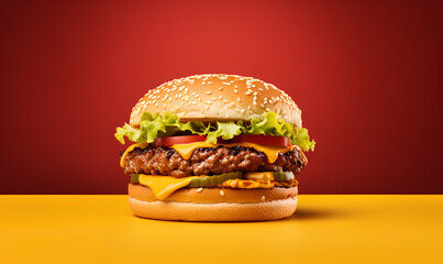 A succulent cheeseburger with lettuce, cheese, and tomato on a sesame bun against a red background