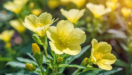 yellow bright flowers of evening primrose oenothera with green leaves close up in the garden