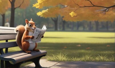 Squirrel reading a newspaper on a park bench
