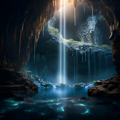 Cave with light beam in the dark. 3D rendering.