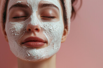 Close up photo of woman with cosmetic face mask on her face. Young beautiful woman relaxing in spa, pink background and copy space for text, cosmetology concept