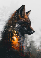 Double exposure image of a German shepherd dog in a forest environment