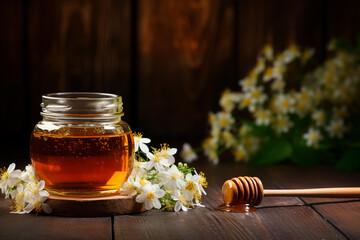 Honey in jar with honey dipper. Organic honey in glass pot on rustic wooden table background with flowers and copy space for text - obrazy, fototapety, plakaty