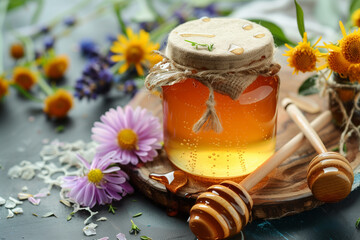 Jar of honey with a honey dipper. Organic honey in jar on rural wooden table and background of flowers