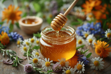 Jar of organic honey with a honey dipper. Honey in jar on rural wooden table and background of flowers