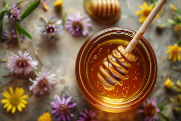 Jar of organic honey with a honey dipper. Honey in jar on rural wooden table and background of flowers, top view