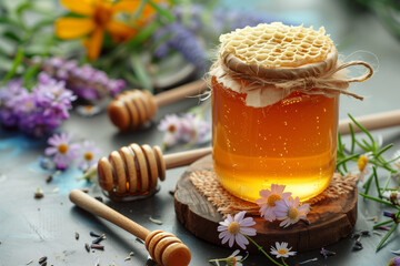 Jar of organic honey surrounded by wooden honey stirrer and flowers