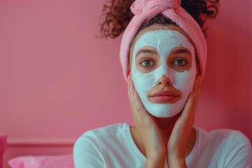 Portrait of woman with cosmetic face mask on her face. Young beautiful woman on pink background and copy space for text, cosmetology spa concept