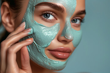 Portrait of young woman with cosmetic face mask. Close up photo of beautiful girl taking care of her facial skin. Cosmetology and spa concept
