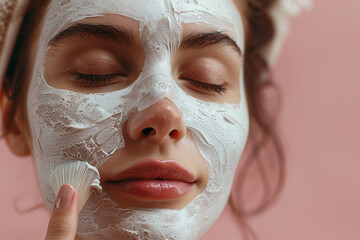 portrait of woman applying cosmetic face mask on her face, on ping background and copy space for text, cosmetology spa concept
