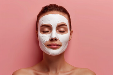 Portrait of woman with cosmetic face mask on her face, pink background and copy space for text, cosmetology spa concept