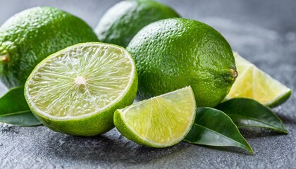 ripe lime fruits with slices and lime leaves on a gray stone table