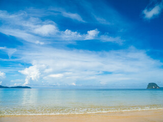 Beautiful horizon Landscape summer panorama front view point tropical sea beach white sand clean blue sky background calm nature ocean andaman wave water travel at Koh Muk Trang Thailand sun day time
