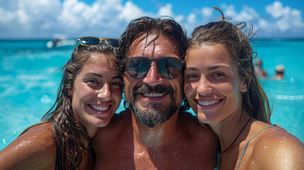 Fototapeta premium Portrait family, travel and girl smile on holiday on beach with parent, excited on tropical island and happy on vacation by sea. Daughter and father with love for fun on smiling during spring