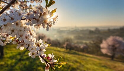 spring flowers on a blooming cherry tree during sunrise