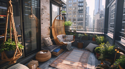 A balcony with a hanging chair and a couch with pil