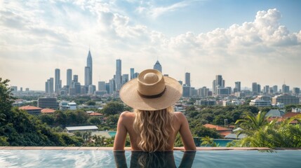 A woman in a hat sits by a pool overlooking a city skyline.