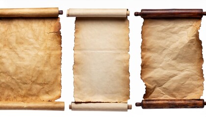 collection set old parchment paper scroll sheet vintage aged or texture isolated on white background